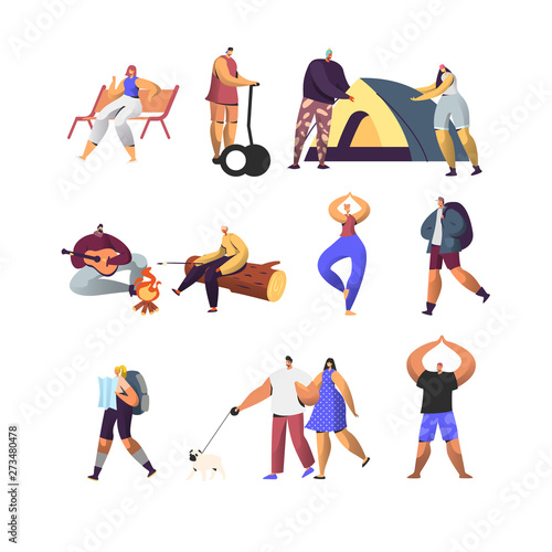 People Active Lifestyle Set. Male and Female Characters in Summer Camp, Touristic Hiking, Riding Hoverboard, Doing Yoga Outdoors, Walking with Pet, Exercising in Park. Cartoon Flat Vector Illustration