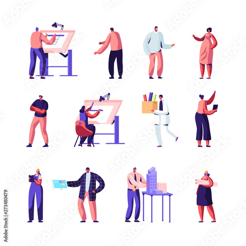 Building, Design and Engineering Workers Set. Architects, Graphic Designers and Engineers Working on Projects, Painting on Blueprints, Presenting Model of New House. Cartoon Flat Vector Illustration