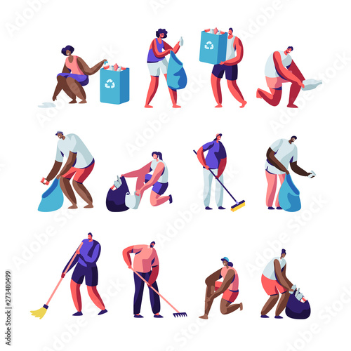 Volunteers Collect Litter Set. People Raking, Sweeping, Put Trash into Bags with Recycle Sign, Pollution with Garbage, Characters Clean Up Wastes, Ecology Protection. Cartoon Flat Vector Illustration