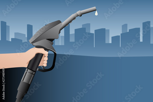Hand with a fuel nozzle. The concept of a bad future with pollution. Vector illustration