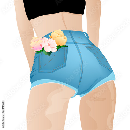 Girl in denim shorts and with flowers in her pocket. Vector art