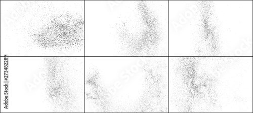  Set of Black Grainy Texture Isolated on White Background. Dust Overlay Textured. Dark Rough Noise Particles. Digitally Generated Image. Vector Design Elements, Illustration, EPS 10.