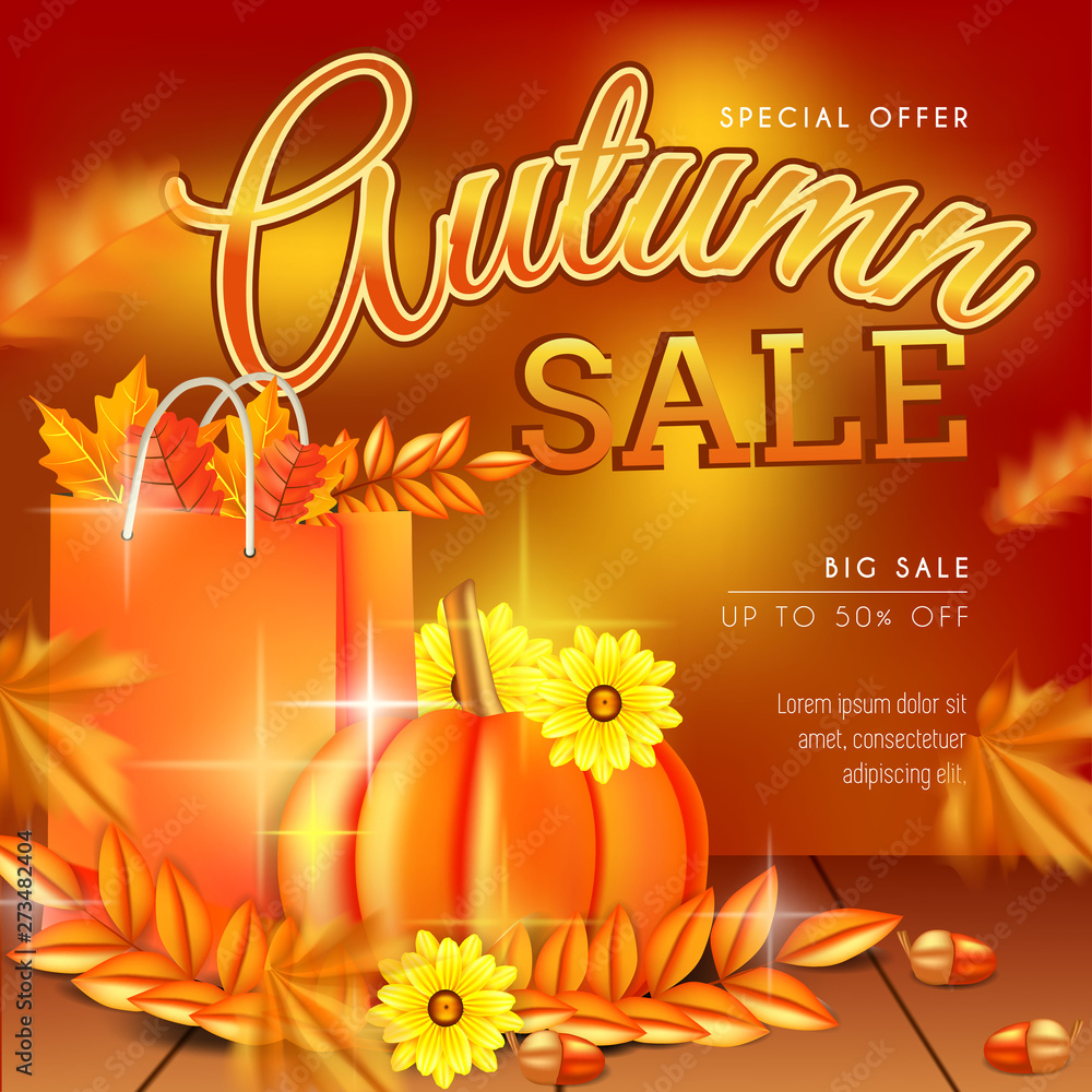 Naklejka premium Autumn sale banner background template design with shopping bag leaves and wooden boards