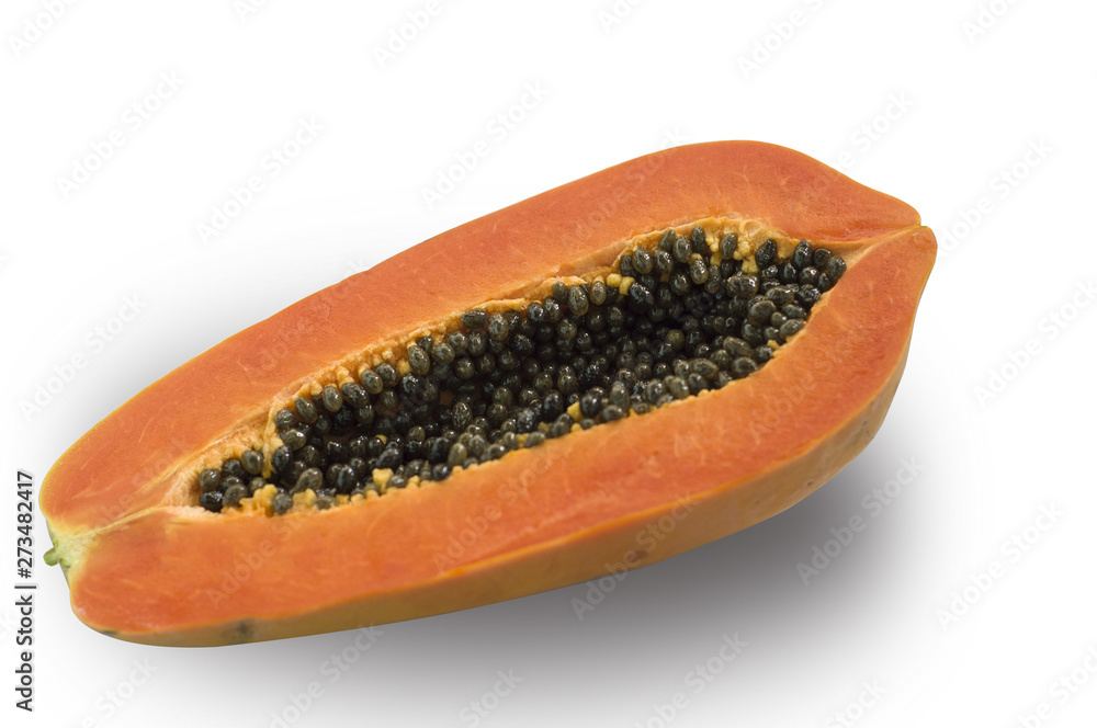 Fresh ripe papaya ,leaf and seed on white background with selective focus. Fresh ripe papaya ,leaf and seed on white background with selective focus.