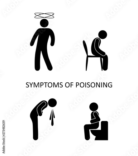 symptoms of poisoning, simple illustration, man poisoned and sick, stick figure people pictogram, icon set, human silhouette, medical poster