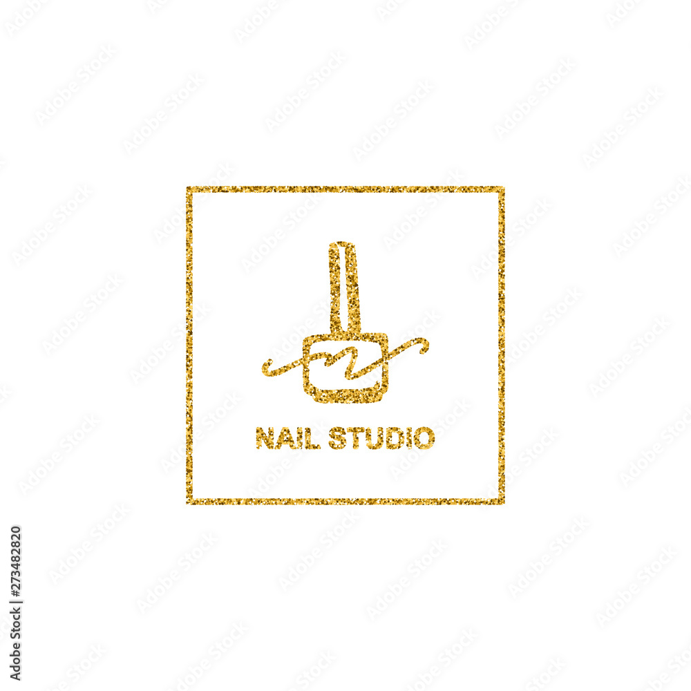 Nail polish logo with golden glitter texture in a trendy minimalist linear style. logo for a beauty salon or a manicurist. template for packaging nail Polish, nail, soap, beauty store.