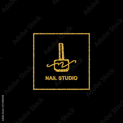 Nail polish logo with golden glitter texture on black background in a trendy linear style. logo for a beauty salon or a manicurist. template for packaging nail Polish, nail, soap, beauty store.