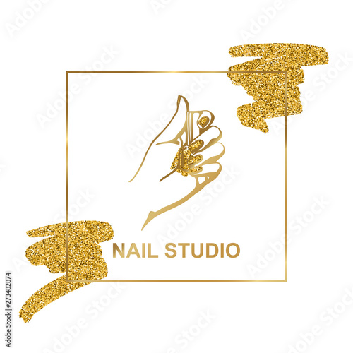 vector gold emblem with a female hand in a trendy minimalist linear style. logo for a beauty salon or a manicurist. template for packaging hand cream or nail Polish, nail, soap, beauty store.