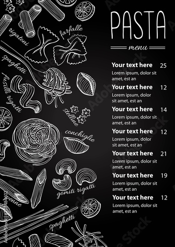 Vector hand drawn pasta menu. Vintage  line art illustration.
