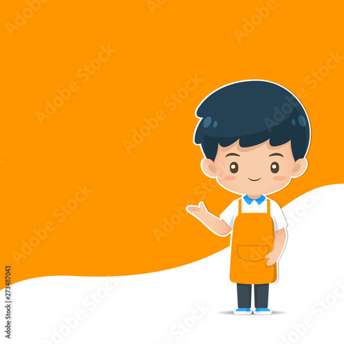 Cute cartoon character assistant mascot wear apron in presenting action use for illustration on orange curve background