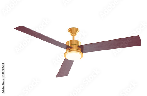 3 blade ceiling fan. Isolated vector object. Golden chandelier with a round white lamp and cherrywood propeller. Three wooden vanes. Luxury overhead mahogany fan for office interiors and living rooms