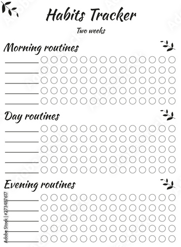 Habits tracker divided into three parts - morning day and evening for ease of use. For filling by hand and circles. For two weeks of use. Mode and good habits.