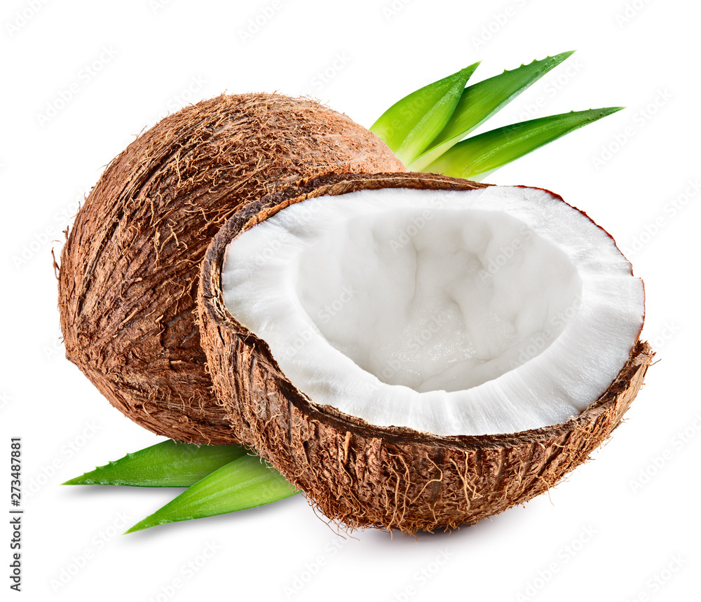 Coco. Coconut with half and leaves isolated on white background - Image Coco. Coconut with half and leaves isolated on white background - Image