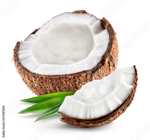 Coco. Coconut half and piece isolated. With leaves. Cocos white.