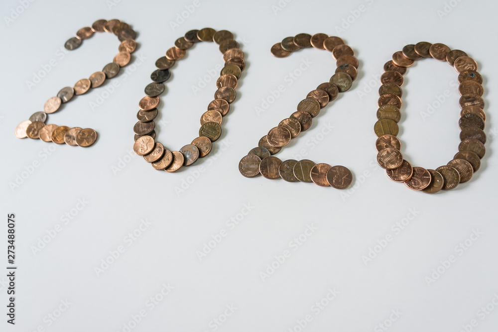 2020 Year made of isolated pennies on blank white background with copyspace
