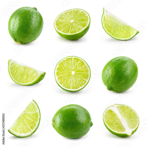 Lime isolated. Lime half, slice, piece isolate on white. Lime set.