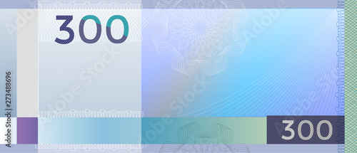 Voucher template banknote 300 with guilloche pattern watermarks and border. Blue background banknote, gift voucher, coupon, diploma, money design, currency, note. Cheque, reward certificate concept