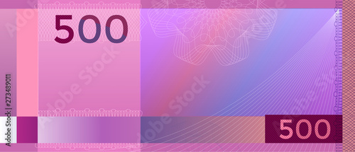 Voucher banknote 500 template with guilloche pattern watermarks and border. Purple background banknote, gift voucher, coupon, diploma, money design, currency, note, check, cheque, reward. certificate
