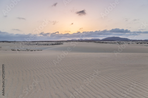 sand, dunes and volcanic mountains at sunset landscape at the natural park of Corralejo, Fuerteventura, Canary islands, Spain.