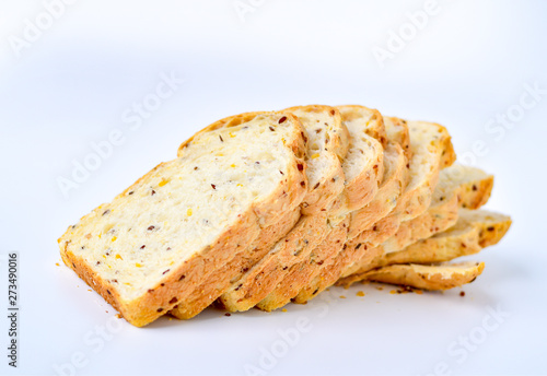 Sliced whole grain bread on white background.Healthy bread for lose weight.