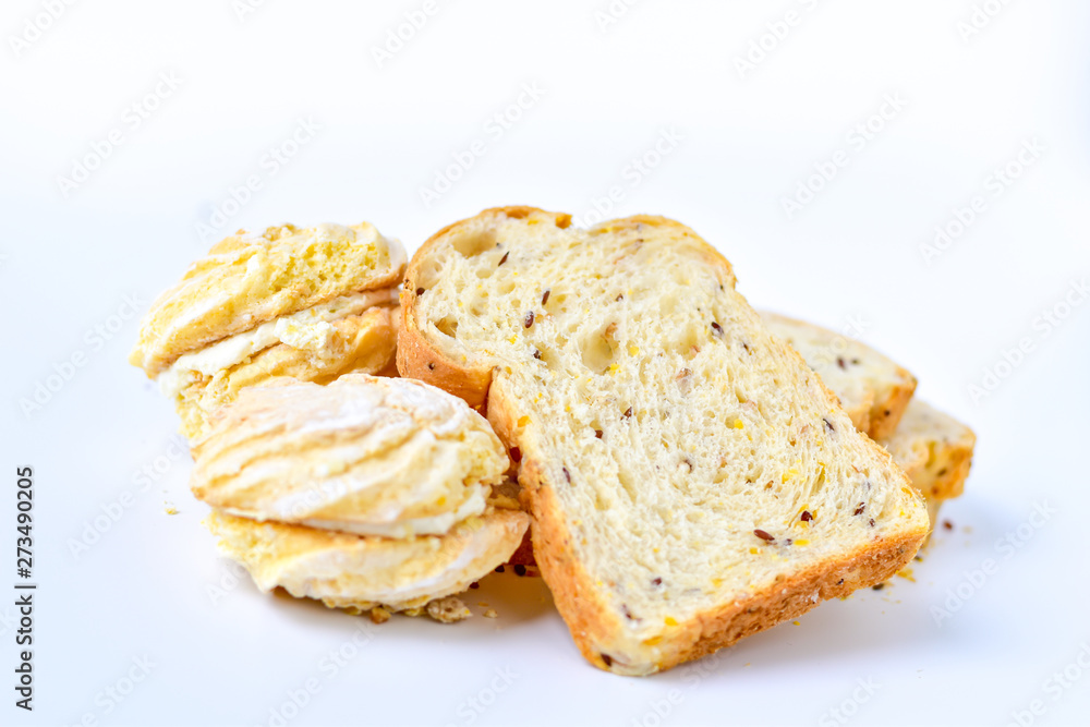 Sliced whole grain bread on white background.Healthy bread for lose weight.