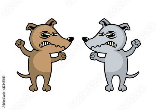 Two Angry Dogs vector illustration. Rabid Dog threatening with clenched fist icon set. Brown and gray mad dog cartoon character. Angry dogs icon isolated on a white background