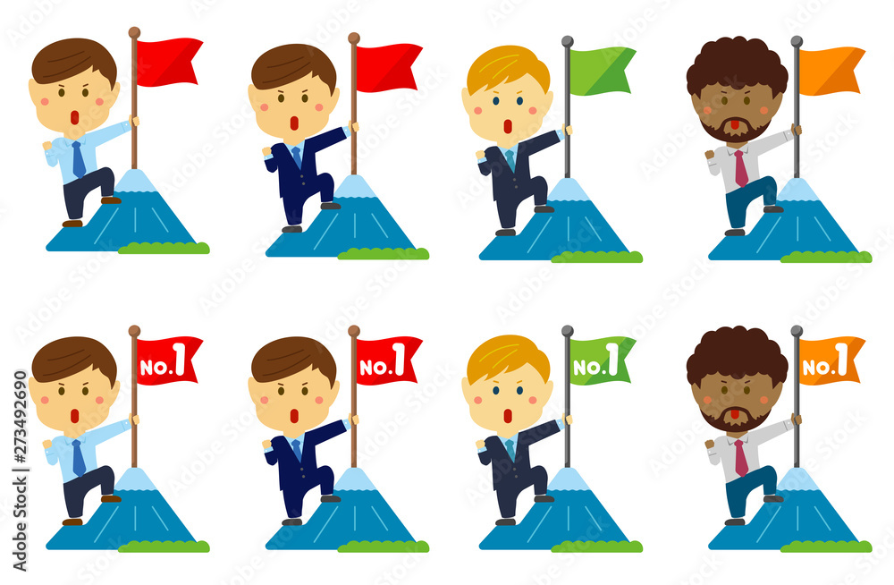 Cartoon illustrations set of a businessman (asian, japanese, american etc.) grabbing a flag on top of the mountain. metaphorical expression of an ambitious businessman. Cartoon illustrations set of a businessman (asian, japanese, american etc.) grabbing a flag on top of the mountain. metaphorical expression of an ambitious businessman.