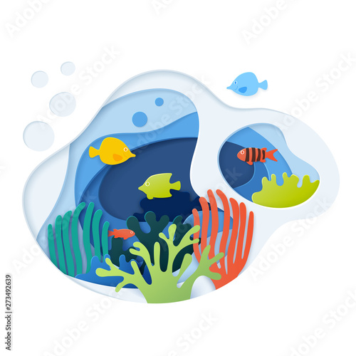 Paper cut underwater ocean background with coral reef, color fishes, seaweed, bubbles and waves. Paper cut coral reef banner. Ocean wildlife. Vector illustration