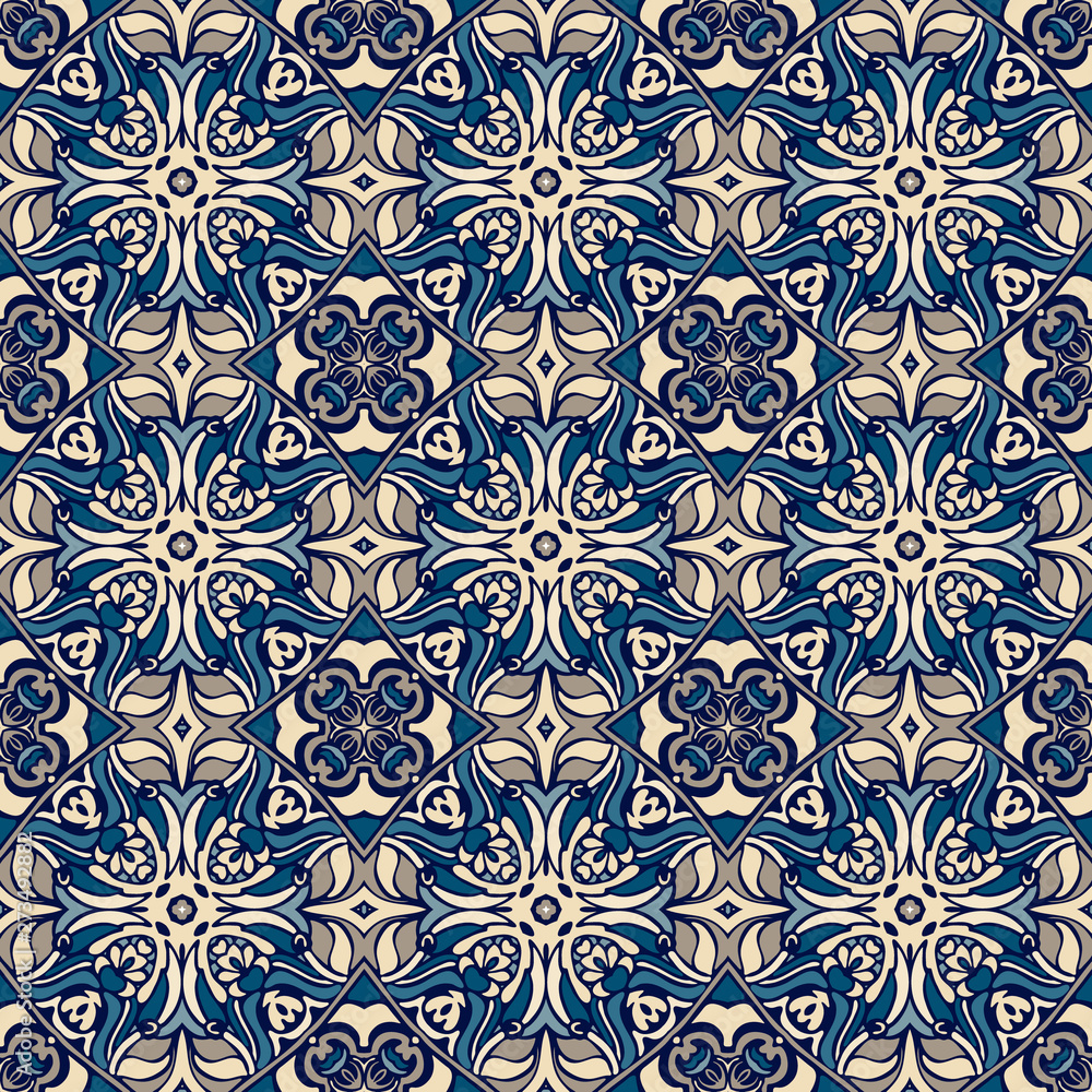 Blue oriental pattern for tiles and fabric. Abstract geometric vintage seamless pattern ornamental.