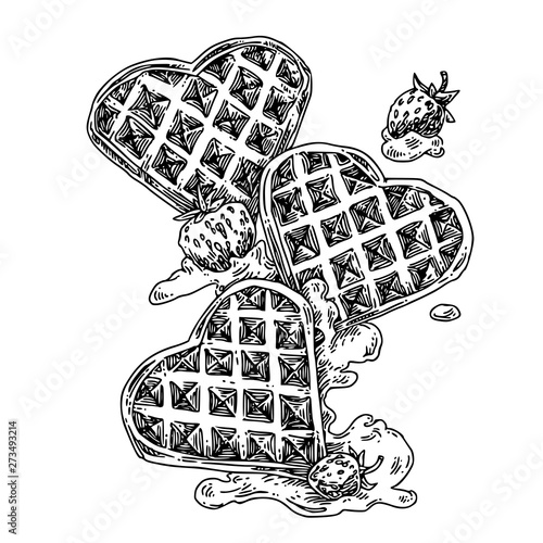 Homemade waffles hearts with strawberry jam and berries. Sketch. Engraving style. Vector illustration.