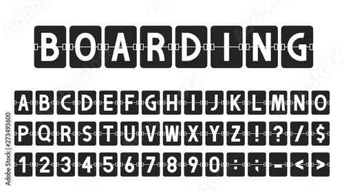 Creative font in airport board style, airline timeboard. Letters and numbers in vintage style, flip flap alphabet. Airport scoreboard, information panel, schedule