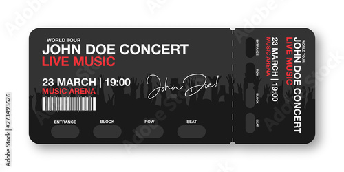 Concert ticket template. Concert, party, disco or festival ticket design template with people crowd on background. Entrance to the event