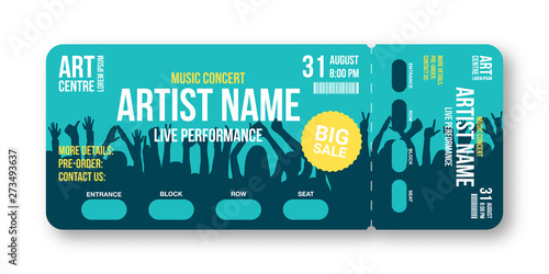 Concert ticket template. Concert, party, disco or festival ticket design template with people crowd on background. Entrance to the event