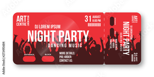 Concert ticket template. Concert, party, disco or festival ticket design template with people crowd on background. Entrance to the event