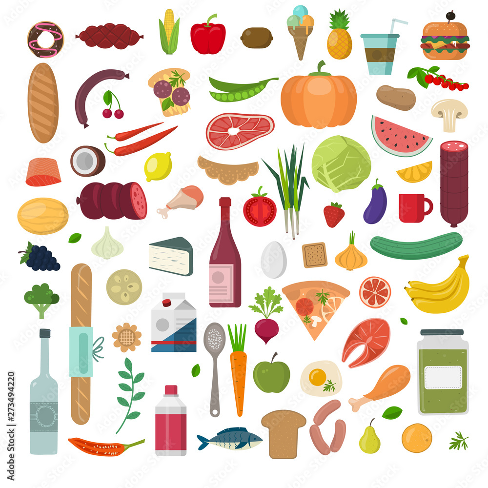 Healthy food vector illustration. Vegetables, fruits, meat in flat style. Organic food set.