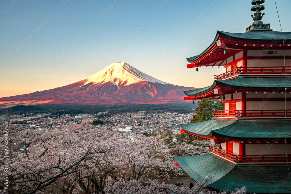 Red pagoda and red Fuji in morning time
