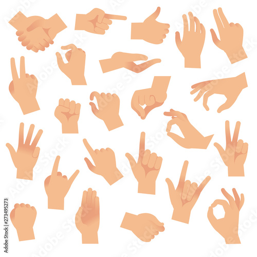 Gesturing hands. Hand with counting gestures, forefinger sign. Open arm showing signal, interactive communication vector set