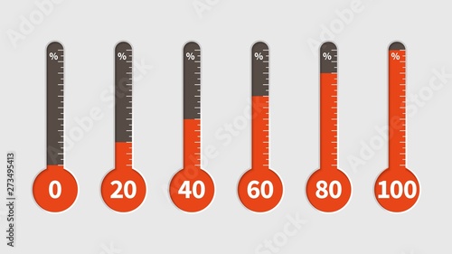 Percentage thermometer. Temperature measurement, percentages indicator with progress scale, temp different climate levels vector set