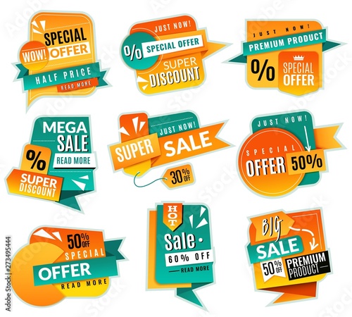 Sale price tags. Promotional supermarket discoun stickers, advertising offer banner ribbons. Paper promotion sales label vector set