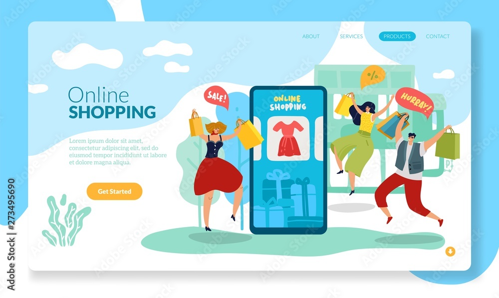 Online shopping page. Mobile shop with happy man and women buying sales flat vector illustration Online shopping page. Mobile shop with happy man and women buying sales flat vector illustration