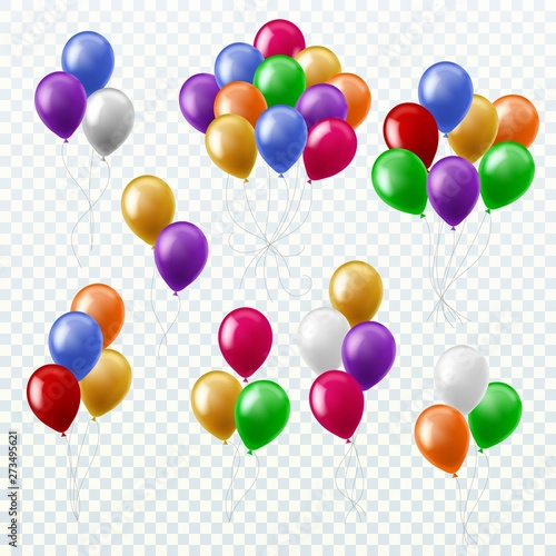Balloon bunches. Party decoration color balloons flying groups isolated 3d vector set