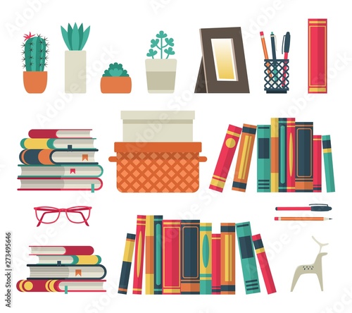 Bookshelves set. Flat shelf book in room library, reading book office shelf wall interior study school isolated collection