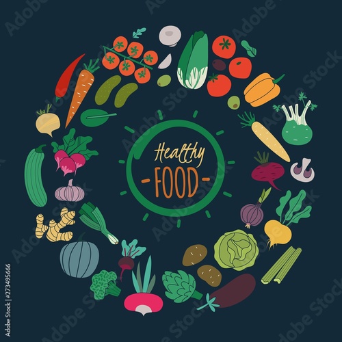 Flat vegetables. Color carrot onion cucumber tomato potato eggplant for salad. Vegan organic food isolated on dark background vector collection