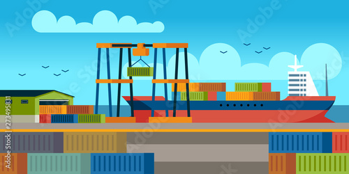 Ships in dock. Loading containers on cargo ship in seaport industrial terminal. Marine cargos transportation flat vector concept