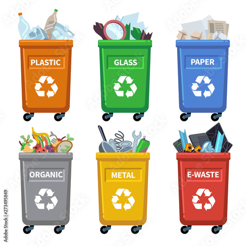 Waste bin categories. Trash recycle, separating garbage containers. Organic paper plastic glass metal mixed waste vector chart