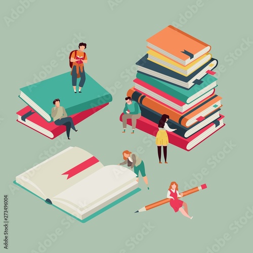 Book festival poster. Miniature of education books with reading young people. Library vector banner