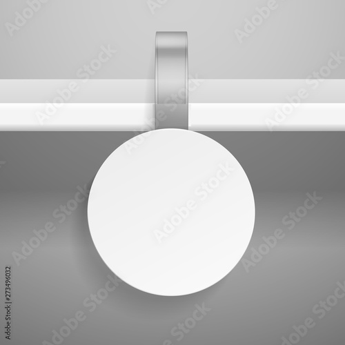 Wobbler on shelf. Round retail advertising priced hanging clear plastic sticker for store or supermarket isolated vector template