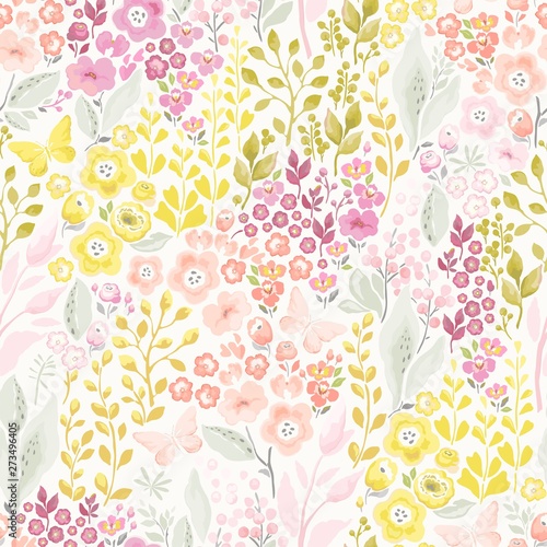 Floral seamless pattern with flowers and butterflies. Flowers meadow. Vector illustration in vintage style.