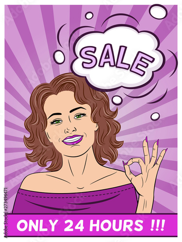 Young beautiful woman showing ok sign. Smile. Speech bubble. Vector illustration in pop art style.