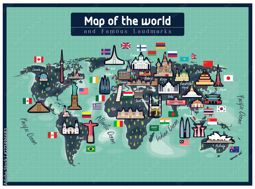 Map of the world famous landmarks vector. Stock Vector  Adobe Stock